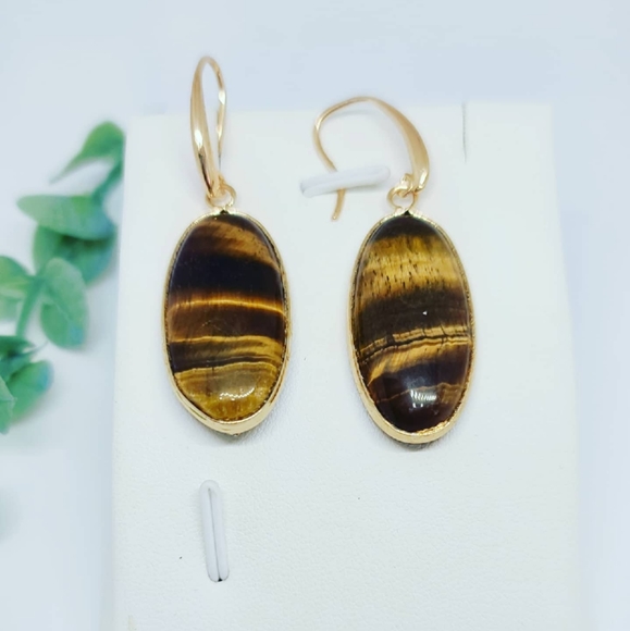 Tiger Eye Long Earrings in gold plated metal ✨ - Picture 3 of 3